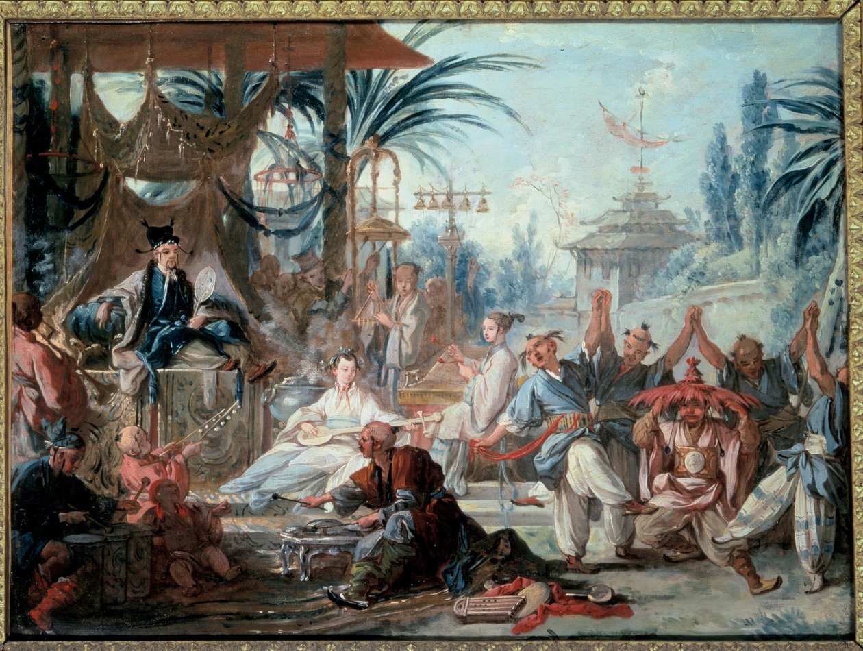 Chinoiserie: "" kinesisk dans""" Underholdningsscene på keiserhoffet med musikere og dansere. Maleri av Francois Boucher (1703-1770) 1740 Besançon, Musee des Beaux Arts av François Boucher