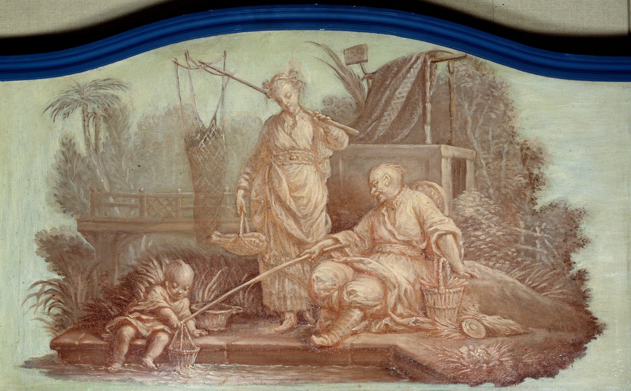 Chinoiserie: Scene for fiske i Kina. Front de porte-tegninger av Francois Boucher (1703-1770) av François Boucher