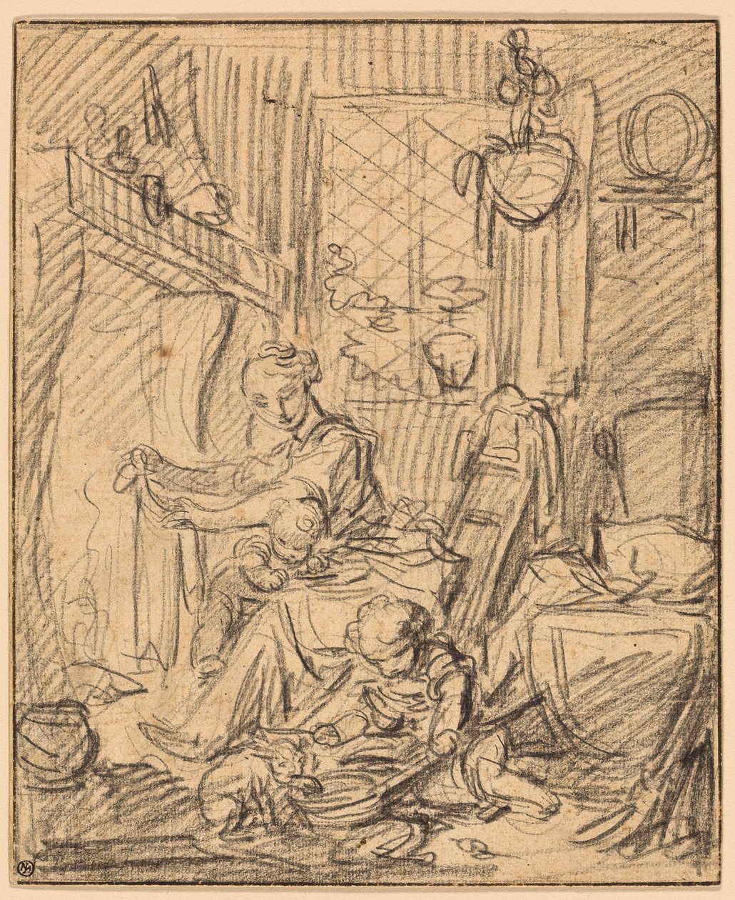 Hjemmescene: Mor med to små barn foran en kappe av François Boucher
