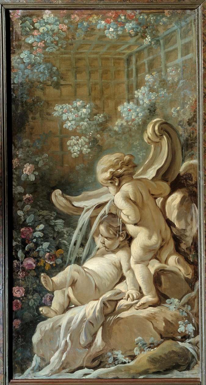 Dørpanel til stuen Demarteau: fontene med to kjærligheter, hvorav den ene ligger. Maleri av Francois Boucher (1703-1770) av François Boucher
