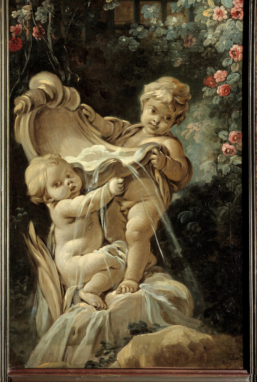 Dørpanel til stuen Demarteau: fontene med to kjærligheter, hvorav den ene kneler. Maleri av Francois Boucher (1703-1770) av François Boucher