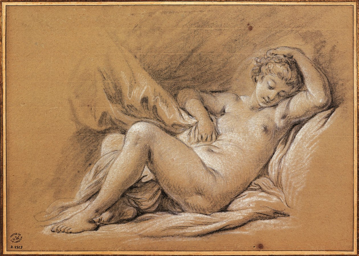 Frankrike, Chinoiseries, tegning av kvinne naken på en seng (tegning) av François Boucher