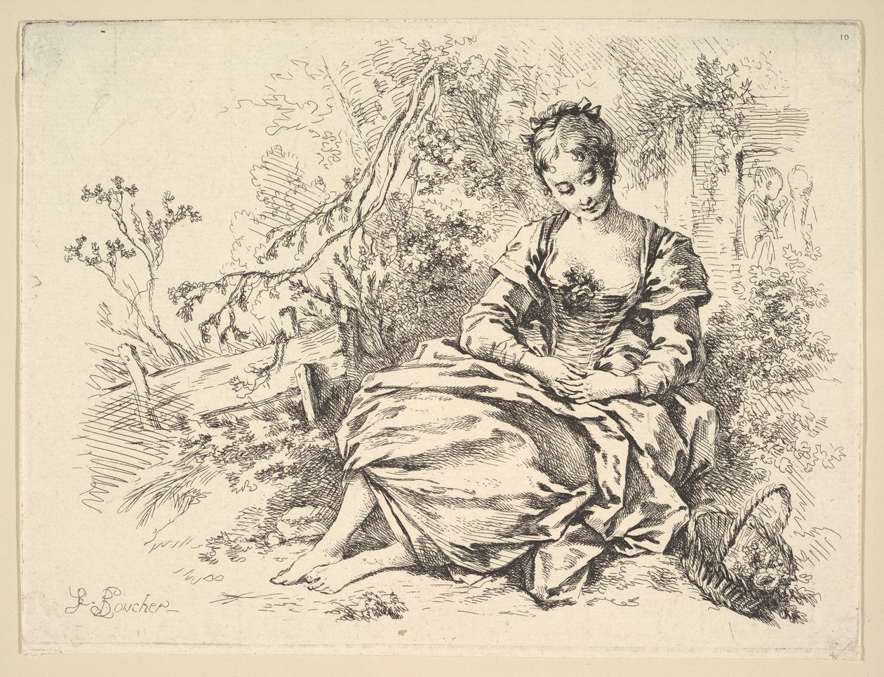 Jente i et landskap med en kurv full av blomster av François Boucher
