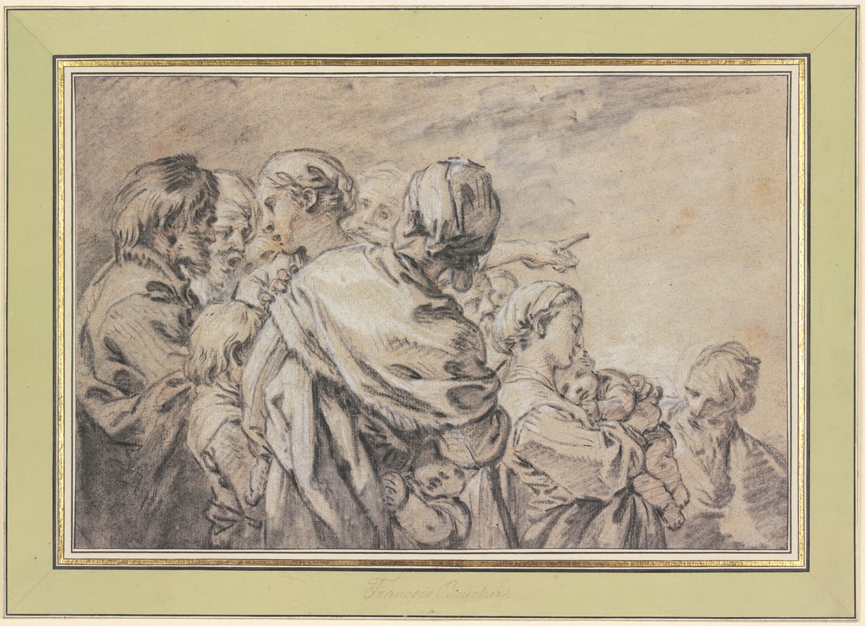 En gruppe halvfigurer bestående av menn og kvinner med barn av François Boucher