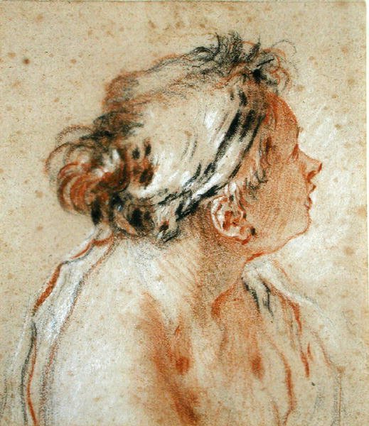 Hodet til en nymfe (svart, hvitt og rødt kritt på lysebrunt papir) av François Boucher