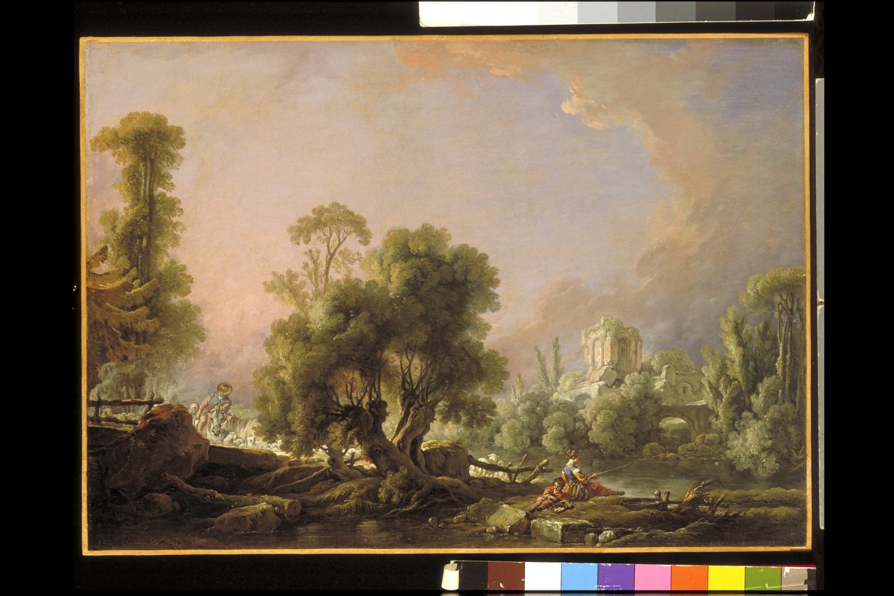 Idyllisk landskap med kvinnefiske (olje på lerret) av François Boucher