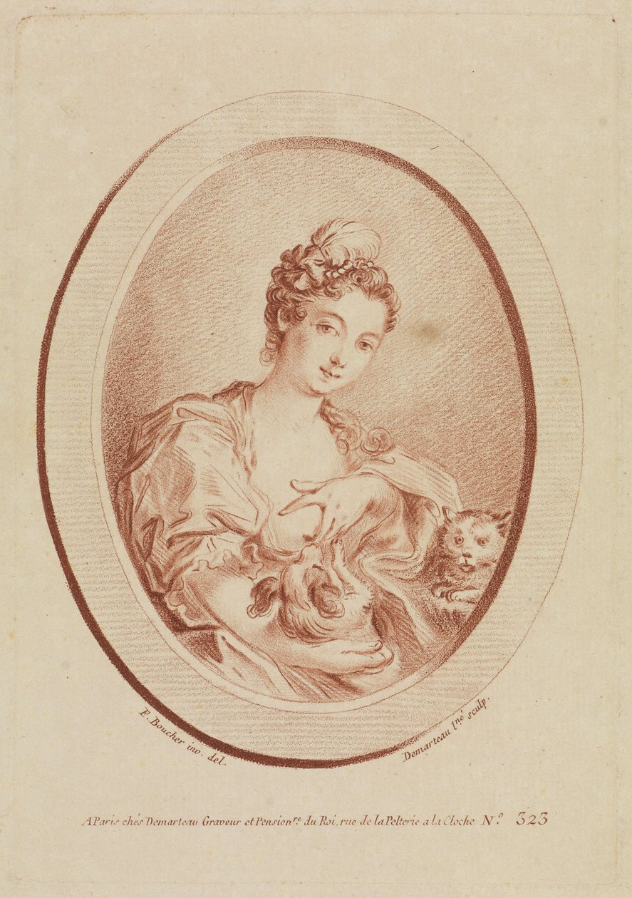 Ung kvinne med en skjødehund og en kattunge av François Boucher