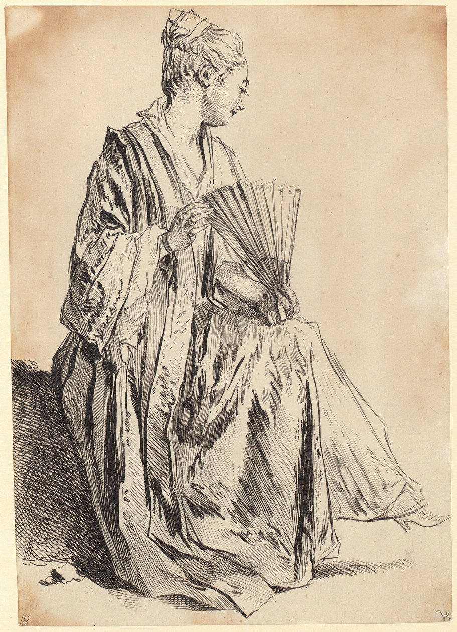 Ung kvinne som sitter og leker med en vifte av François Boucher