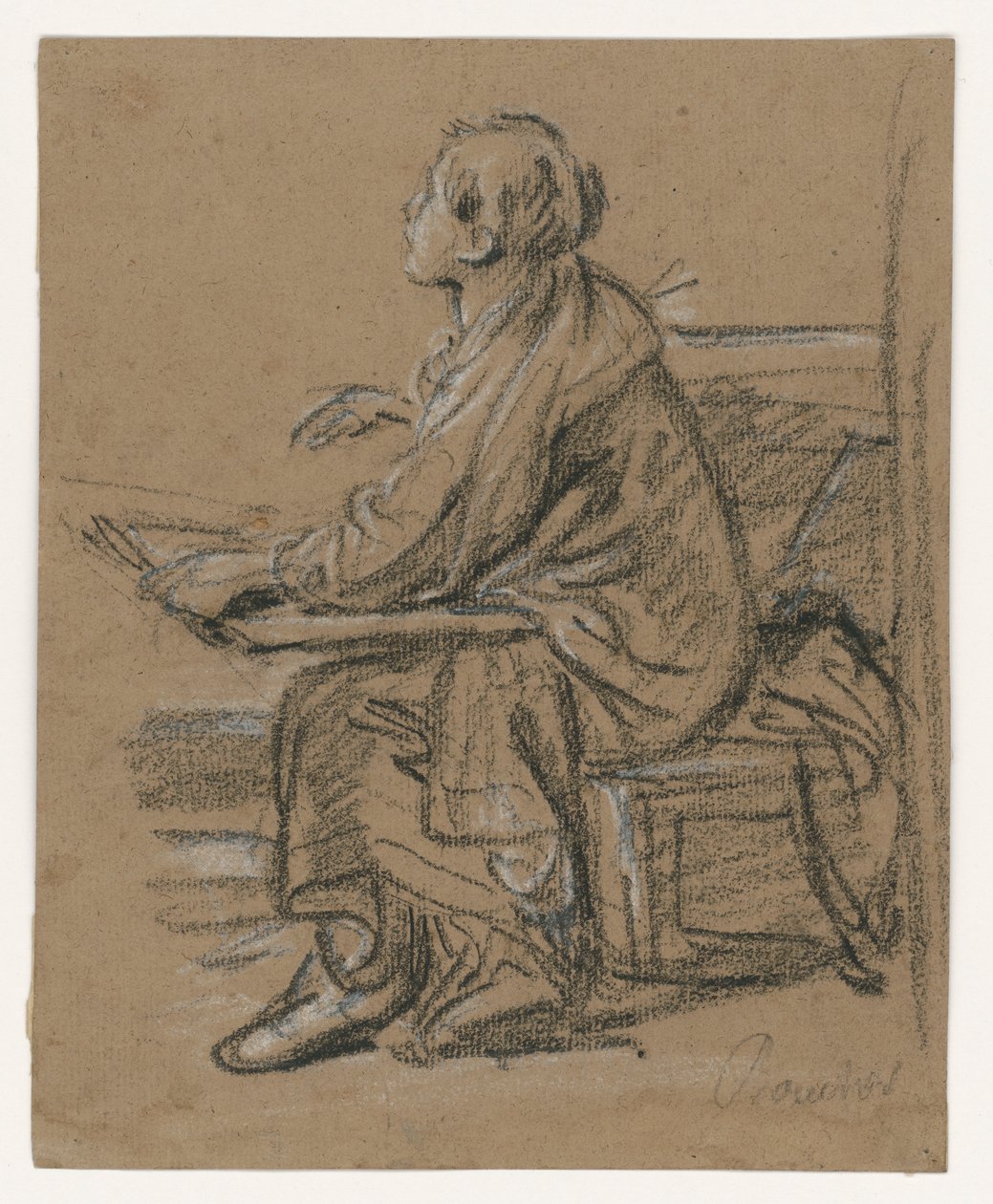 Ung tegner () . Sittende figur som holder en mappe på fanget av François Boucher