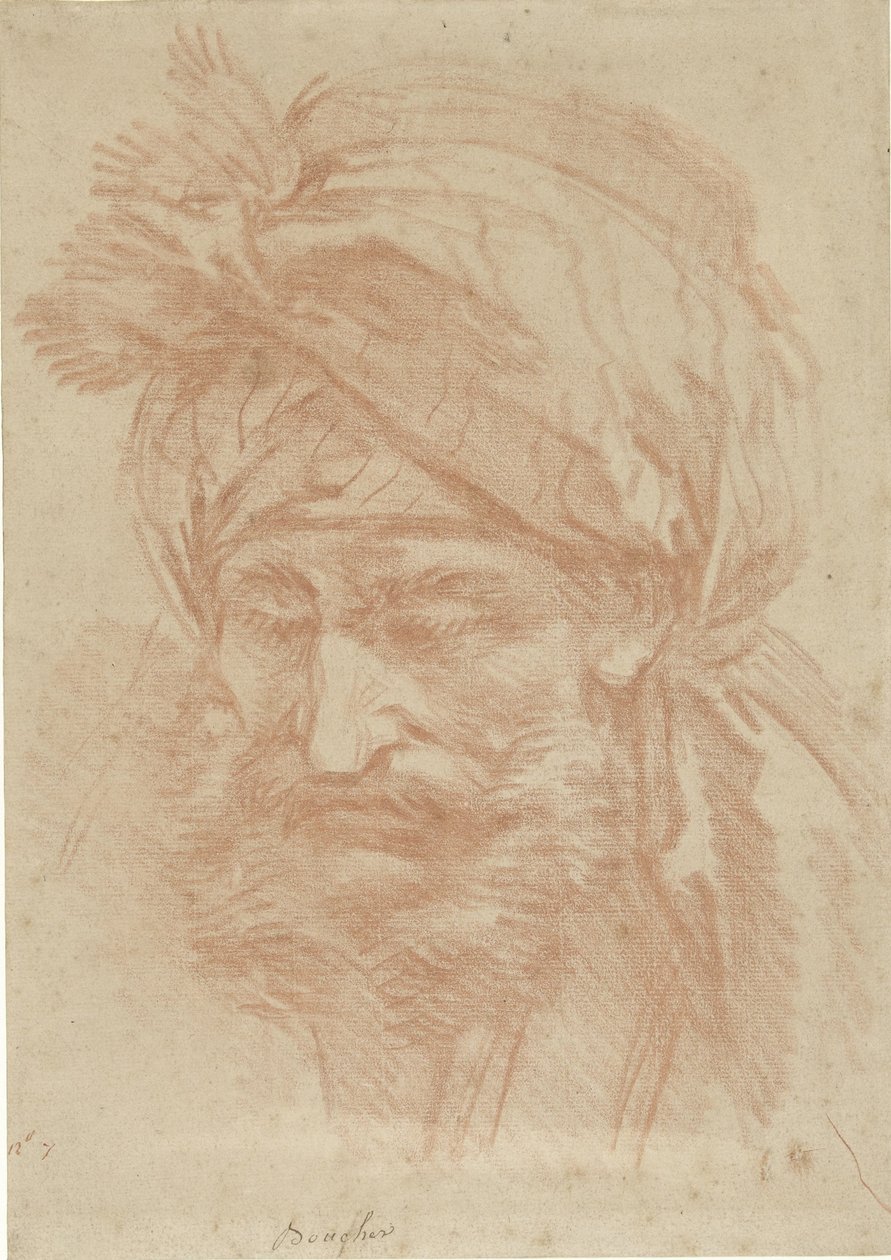 Hodet til en skjegget østlig mann med turban, sett forfra, med blikket vendt nedover av François Boucher