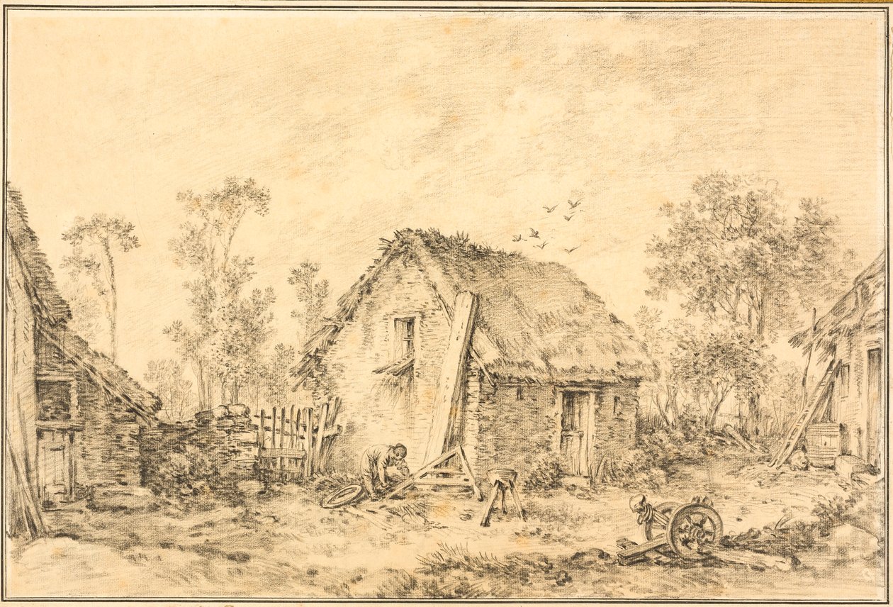 Landskap med rustikk hytte av François Boucher