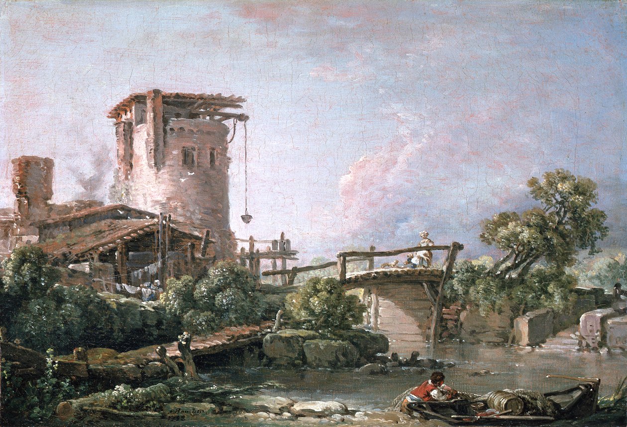 Landskap med tårn og bro av François Boucher