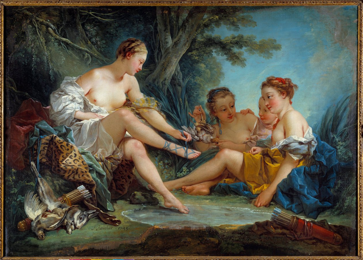 Le retour de la chasse de Diane Maleri av Francois Boucher (1703-1770) 1745 Søn. 0,94x1,31 m Paris. Musee Cognacq Jay - Returen av jakten på Diane. Maleri av Francois Boucher (1703-1770) 1745. 0,94 x 1,31 m. Cognacq Jay-museet, Paris av François Boucher