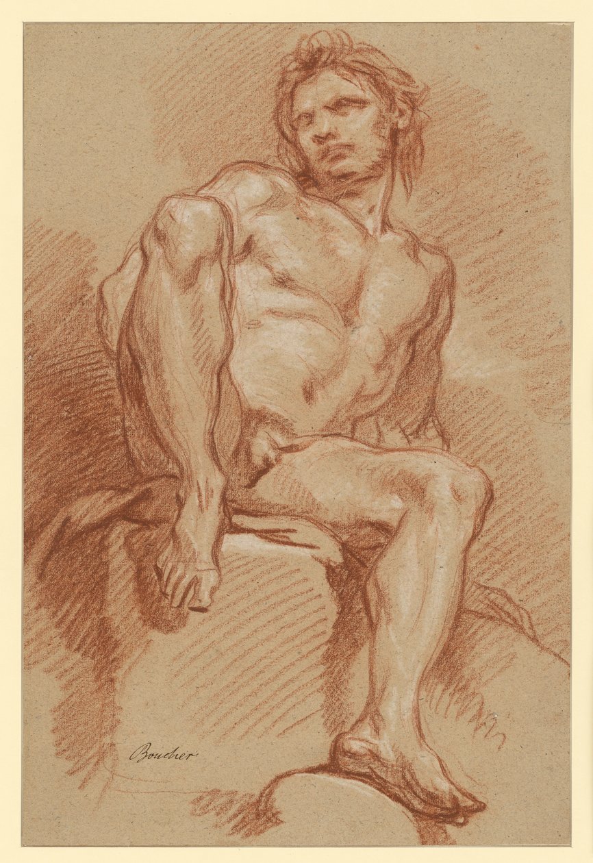 Studie av mannlig akt, sittende og sett forfra av François Boucher
