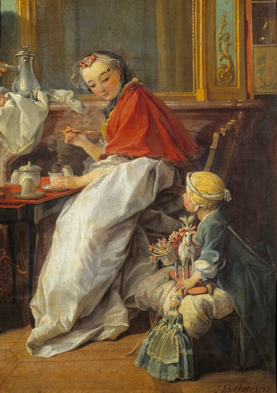 Mor og datter. Detalj av "" Frokost"". En jente og hennes dukker ser på moren hennes drikker varm sjokolade. Maleri av Francois Boucher (1703-1770) av François Boucher