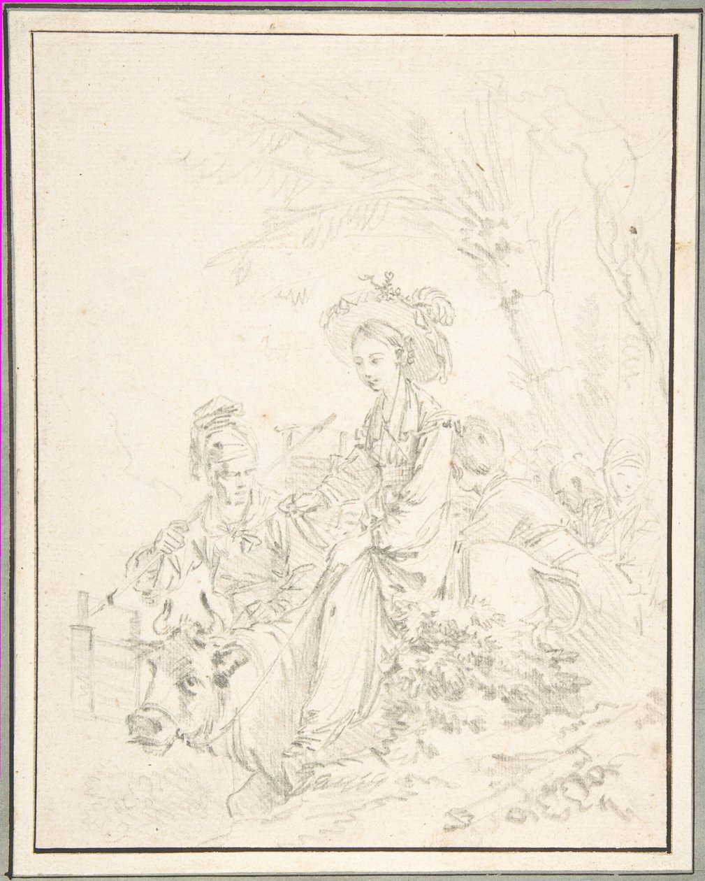Bondejente som rir på en okse sammen med noen venner av François Boucher