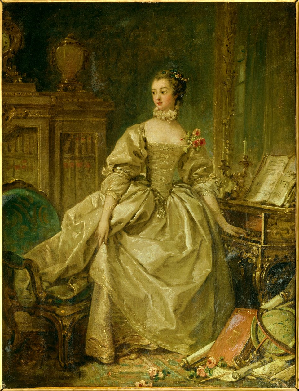 Portrett i full lengde av Jeanne Antoinette Poisson, Marquise de Pompadour (kjent som Madame de Pompadour av François Boucher