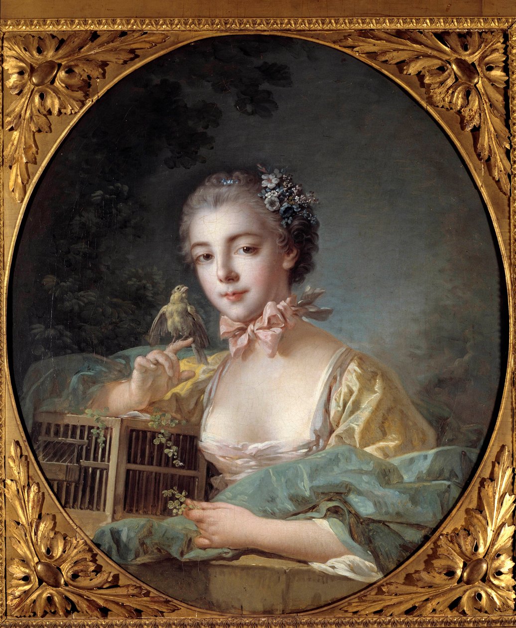 Portrett av Madame Baudoin, datter av maleren Jenta poserer med kanarifuglen. Maleri av Francois Boucher (1703-1770) Paris fra 1700-tallet. Musee Cognacq Jay av François Boucher