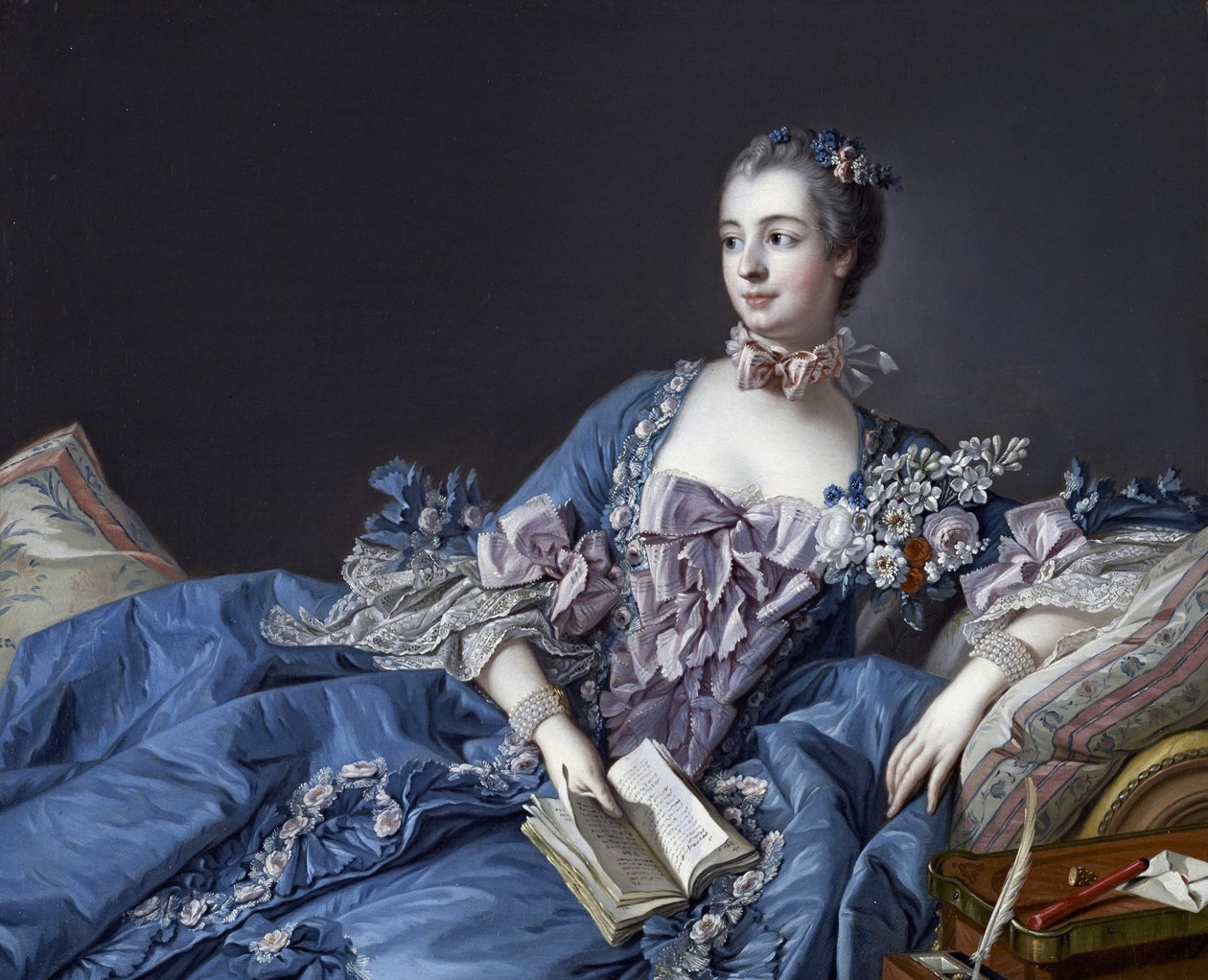 Portrett av Marquise de Pompadour (1721-1764) (Portrett av Jeanne Antoinette Poisson, Marquise de Pompadour (kjent som Madame de Pompadour) av François Boucher