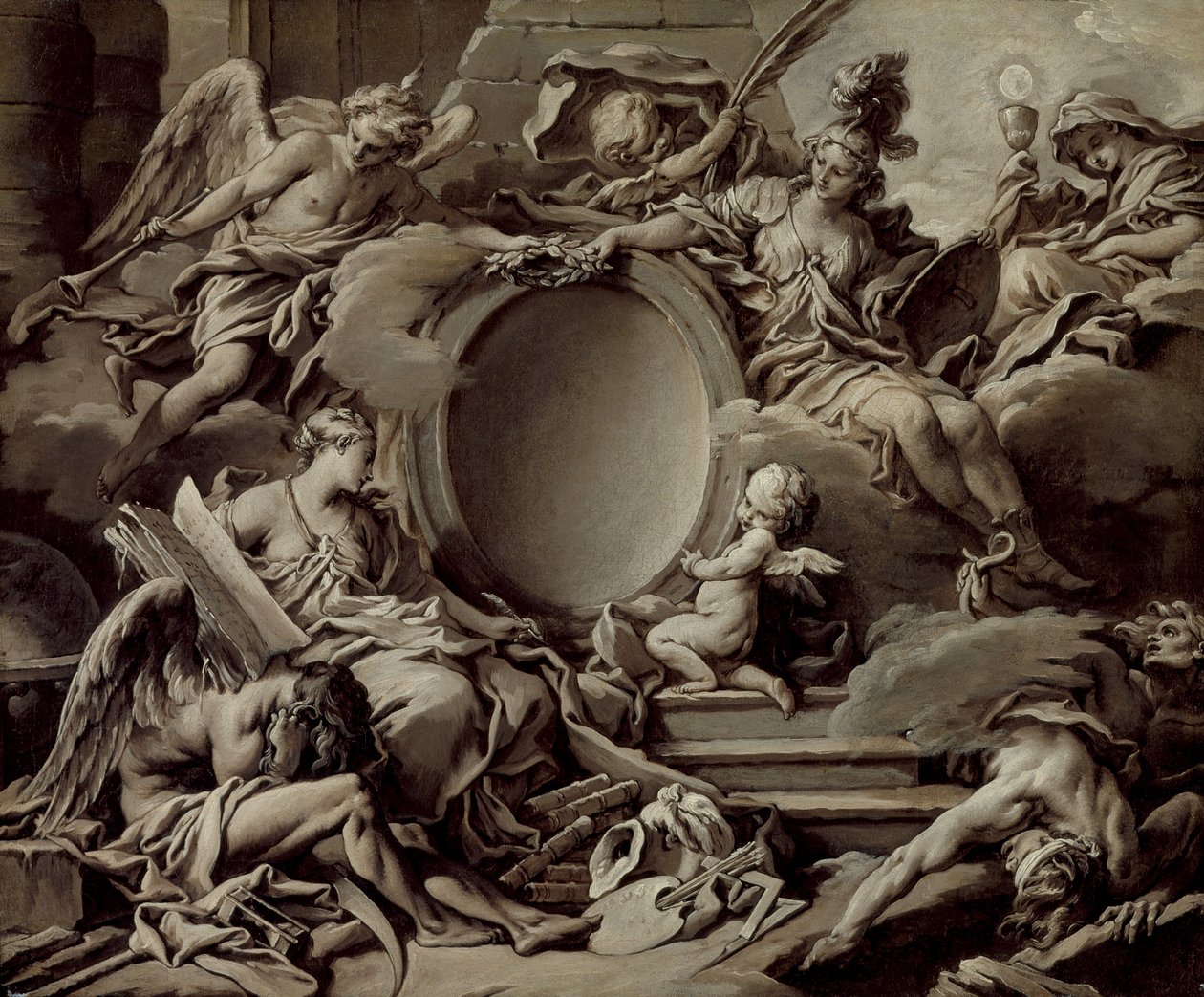 Prosjekt for en kartusj: En allegori over Minerva, berømmelse, historie og tro som overvinner uvitenhet og tid av François Boucher