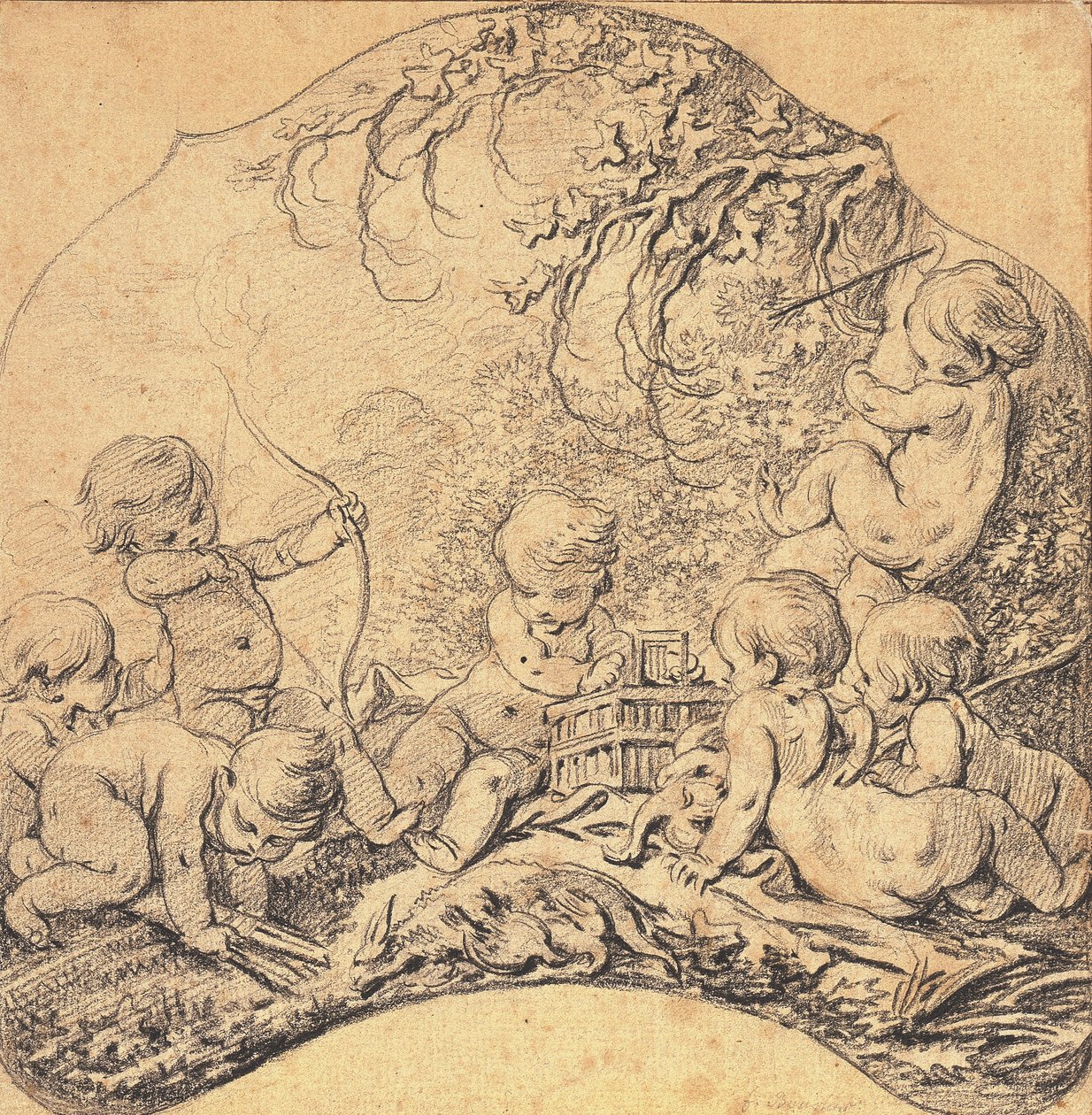 Putti i et landskap skyter piler og åpner et bur, et jakttrofé i forgrunnen (svart kritt på papir) av François Boucher