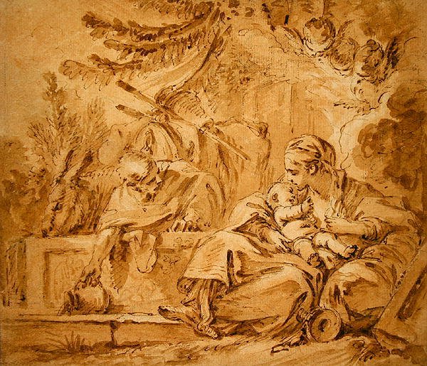 Hvil på flyturen til Egypt (penn og brunt blekk med rosa og brune vasker på papir) av François Boucher