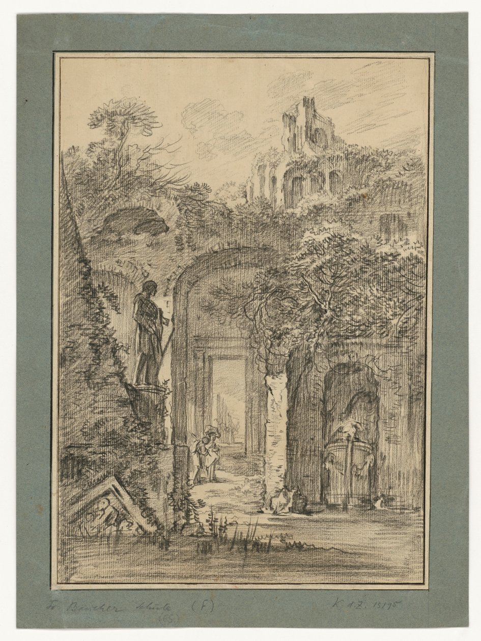 Et landskap med romerske ruiner og enkelte figurer av François Boucher