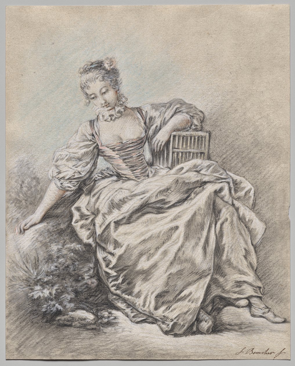 Sittende kvinne som holder et fuglebur av François Boucher