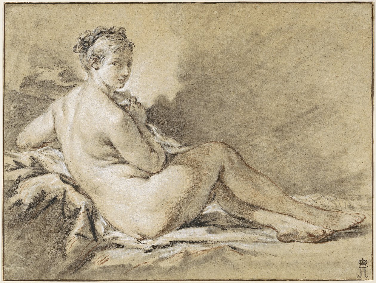 Studie av en naken kvinne - Francois Boucher (1703-1770). Sanguine, svart og hvitt kritt på papir av François Boucher