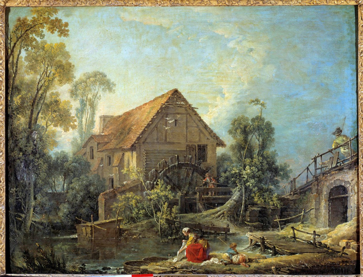 Møllen En kvinne vasker tøyet i bekken ved en vannmølle. Maleri av Francois Boucher (1703-1770) 1751 søn. 0,66 x 0,84 m. - Møllen. En kvinne som vasker klær i bekken nær en vannmølle. Maleri av Francois Boucher (1703-1770) 1751. 0,66 av François Boucher