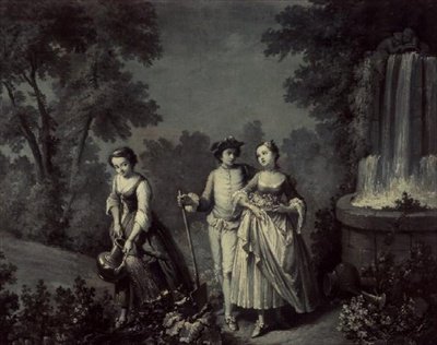 To jenter og en ungdom jobber med hage nær en fontene (s/h penn og vask) av François Boucher
