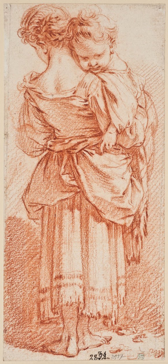 Ung kvinne med et barn på armen, sett bakfra av François Boucher