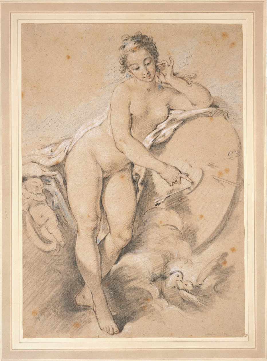 Venus står og peker mot et hjerte på en målskive med to duer av François Boucher
