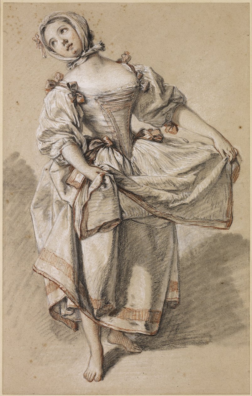 Ung landjente danser, ca. 1765-70 (svart, rødt og hvitt kritt og stubbe på brunfarget papir) av François Boucher