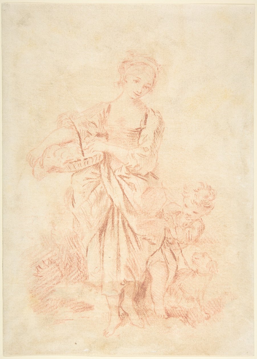 Liten jente med en gutt og en hund av François Boucher