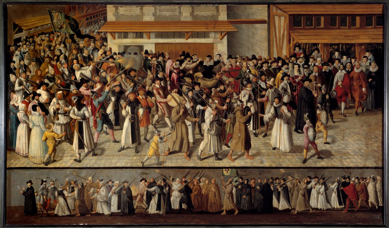 Religiøse kriger mellom katolikker og protestanter: "" Procession of the League for å forlate Notre Dame på øya La Cite i 1593". Maleri av Francois II Bunel (1522-1599) av Francois Bunel