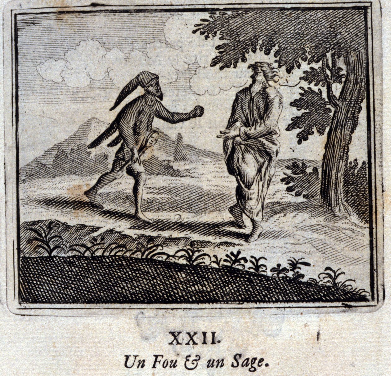 En gal og en klok. Fabler av Jean de La Fontaine (1621-95). Illustrasjon av Francois Chauveau (1613-1676). Utgave av 1728. av Francois Chauveau