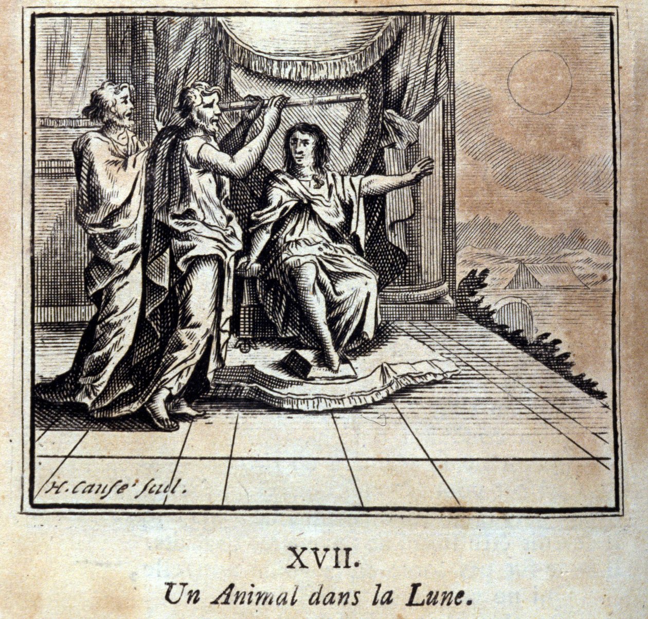 Et dyr på månen. Fabler av Jean de La Fontaine (1621-95). Illustrasjon av Francois Chauveau (1613-1676). Utgave av 1728. av Francois Chauveau