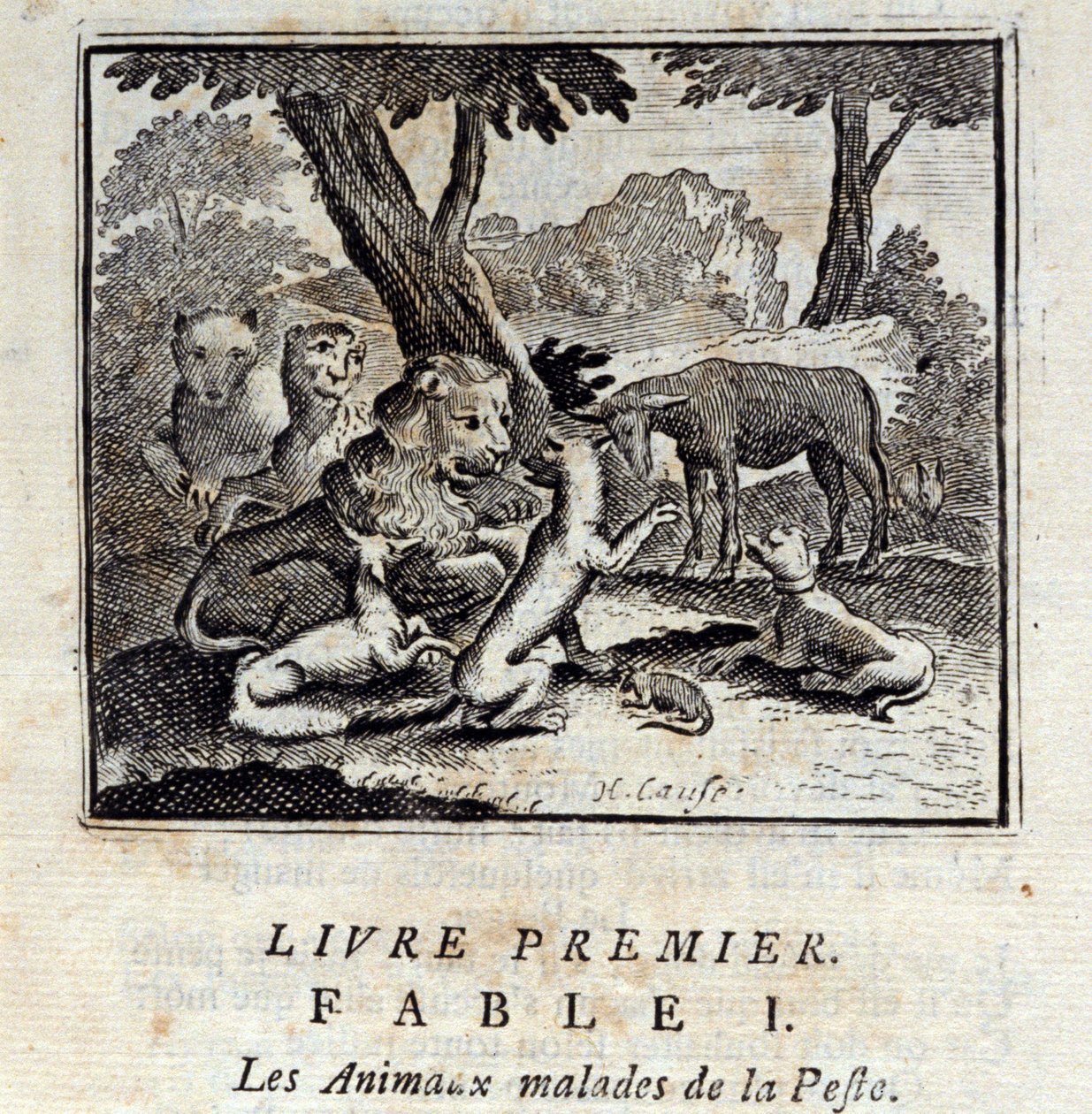 Dyr som er syke av pesten. Fabler av Jean de La Fontaine (1621-95). Illustrasjon av Francois Chauveau (1613-1676). Utgave av 1728. av Francois Chauveau