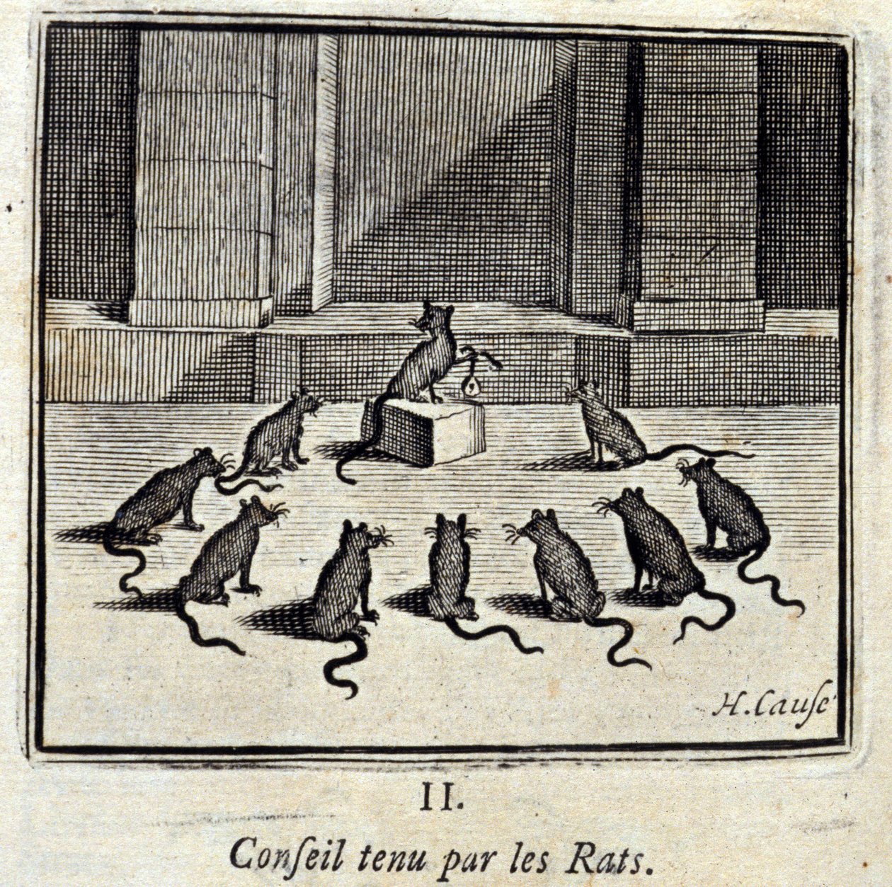 Styre holdt av rottene. Fabler av Jean de La Fontaine (1621-95). Illustrasjon av Francois Chauveau (1613-1676). Utgave av 1728. av Francois Chauveau