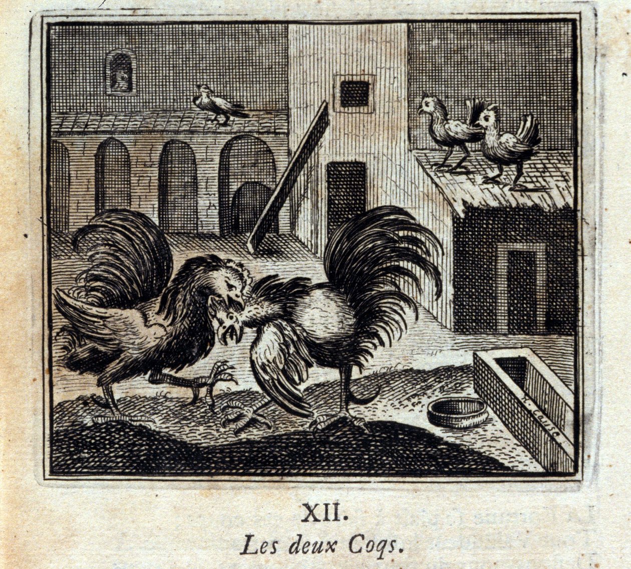 Begge haner. Fabler av Jean de La Fontaine (1621-95). Illustrasjon av Francois Chauveau (1613-1676). Utgave av 1728. av Francois Chauveau