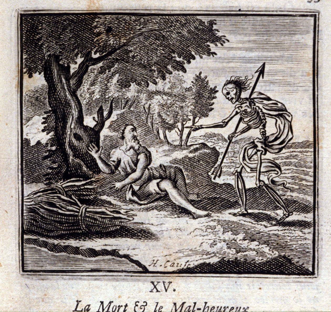 Døden og de ulykkelige. Fabler av Jean de La Fontaine (1621-95). Illustrasjon av Francois Chauveau (1613-1676). Utgave av 1728. av Francois Chauveau