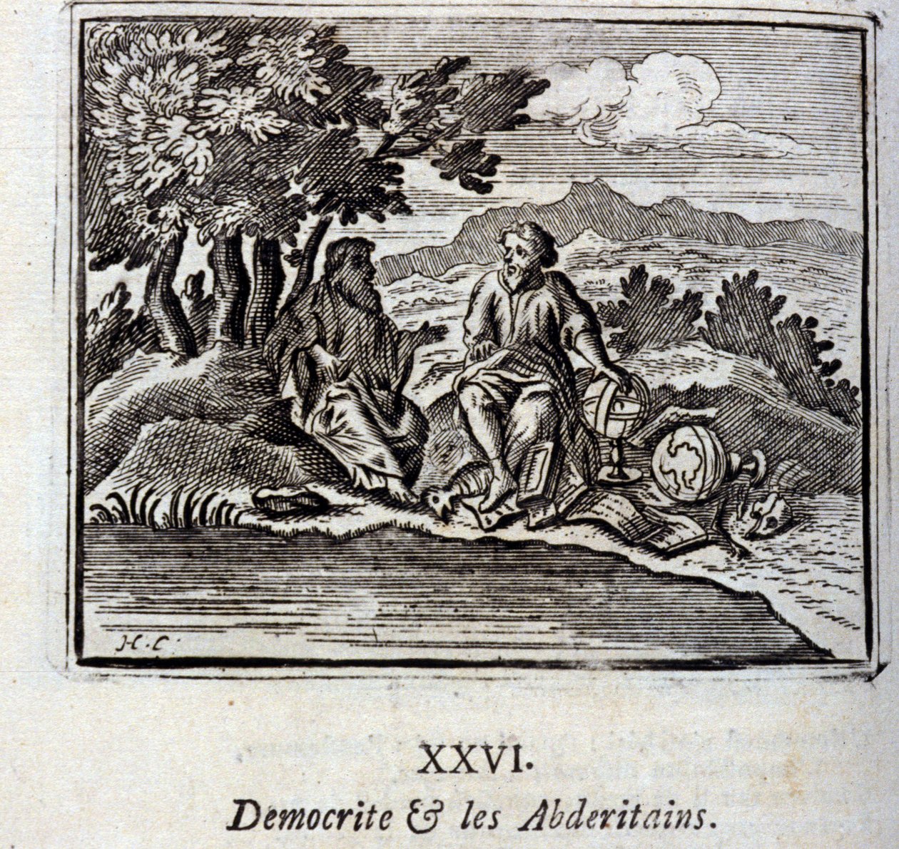 Demokrit og abderitanerne. Fabler av Jean de La Fontaine (1621-95). Illustrasjon av Francois Chauveau (1613-1676). Utgave av 1728. av Francois Chauveau