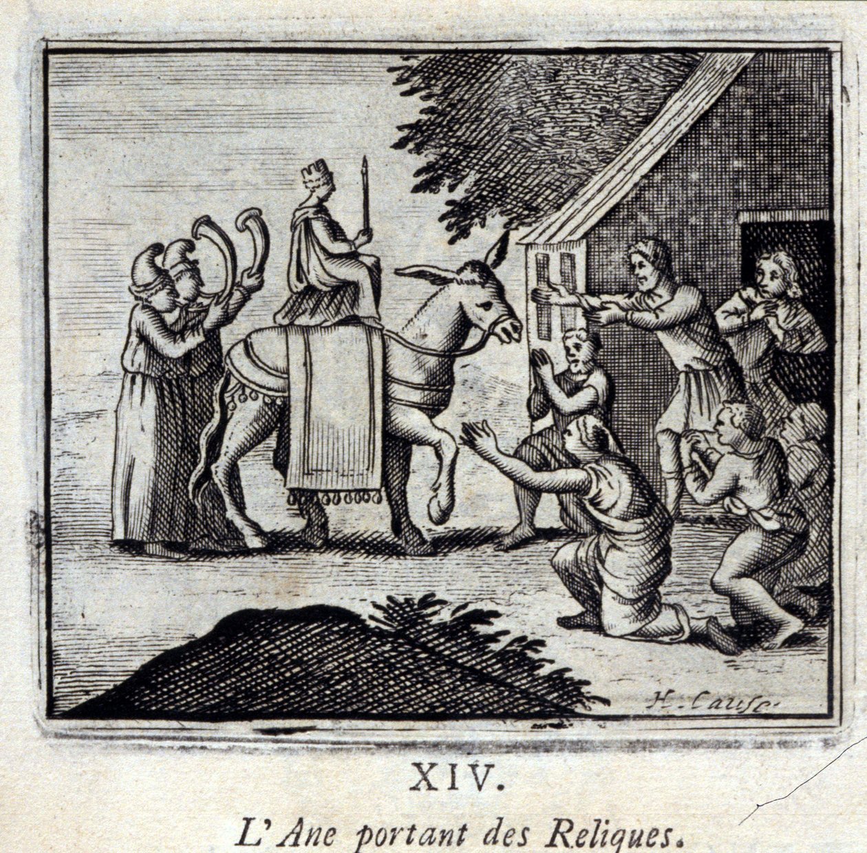 Esel som bærer relikvier. Fabler av Jean de La Fontaine (1621-95). Illustrasjon av François Chauveau (1613-1676). Utgave av 1728. av Francois Chauveau