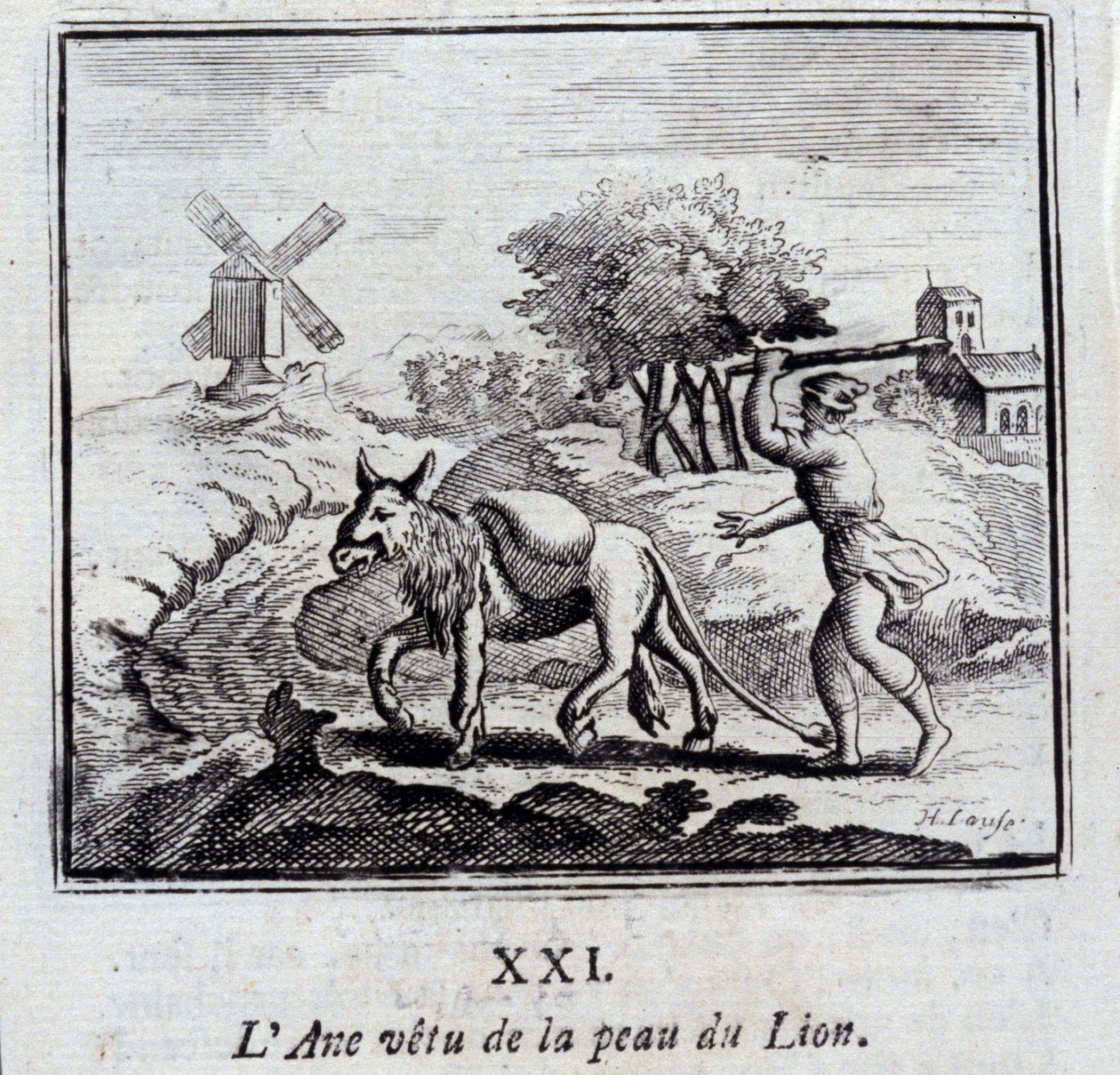 Esel iført løvens hud. Fabler av Jean de La Fontaine (1621-95). Illustrasjon av François Chauveau (1613-1676). Utgave av 1728. av Francois Chauveau