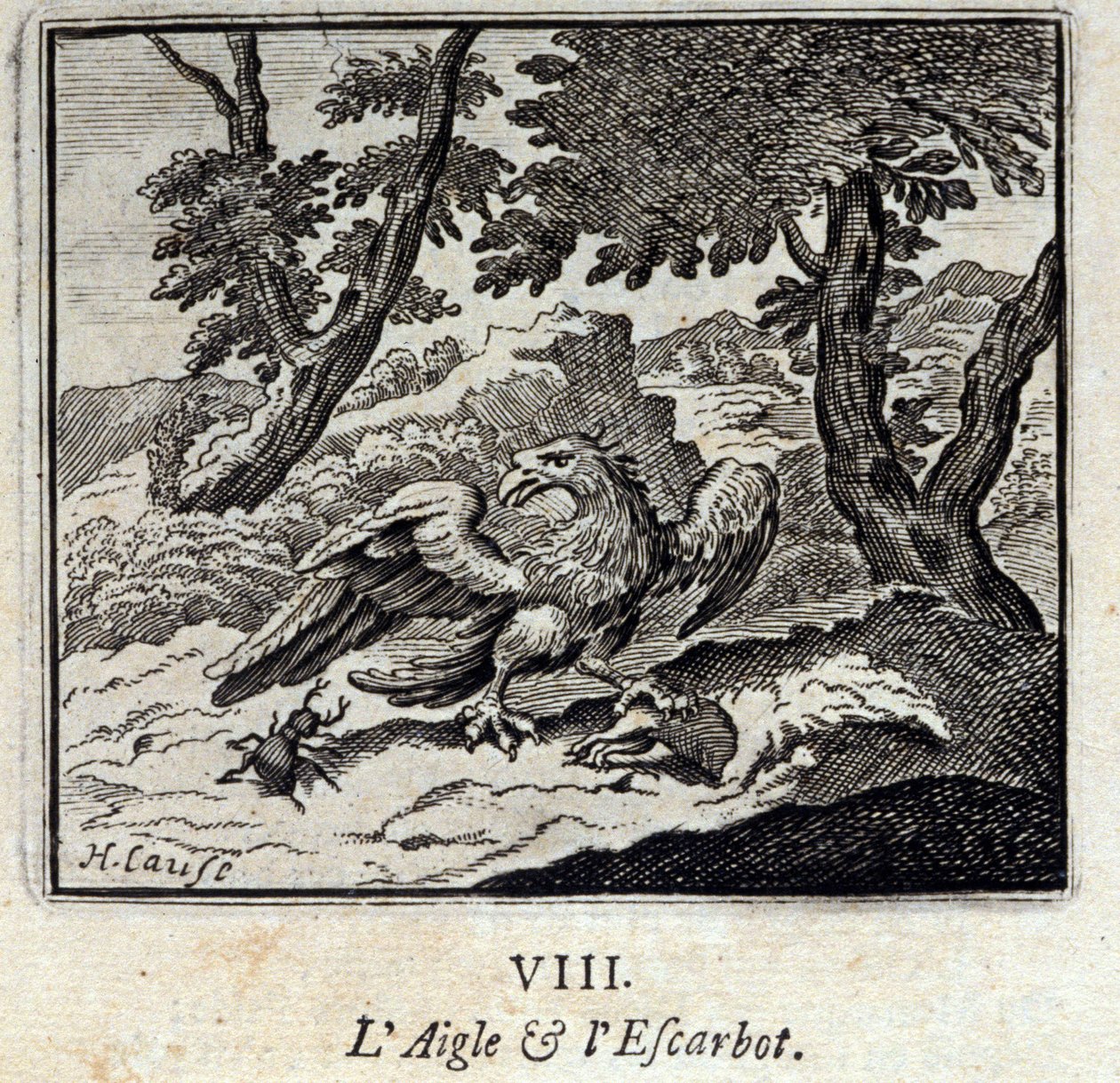 Ørn og snegl. Fabler av Jean de La Fontaine (1621-95). Illustrasjon av Francois Chauveau (1613-1676). Utgave av 1728. av Francois Chauveau