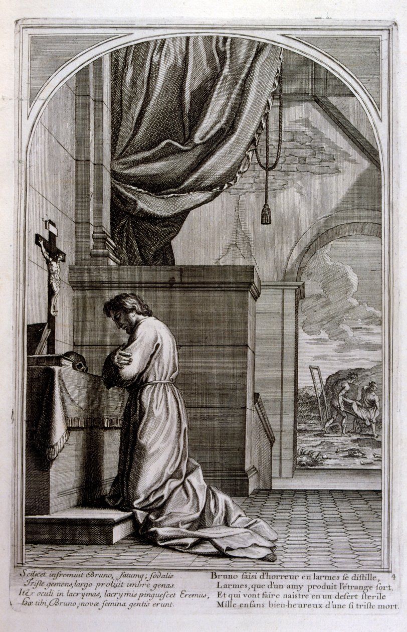 Gravering av Francois Chauveau 1680 'The life of St Bruno' grunnlegger av Chartreux-ordenen av Francois Chauveau