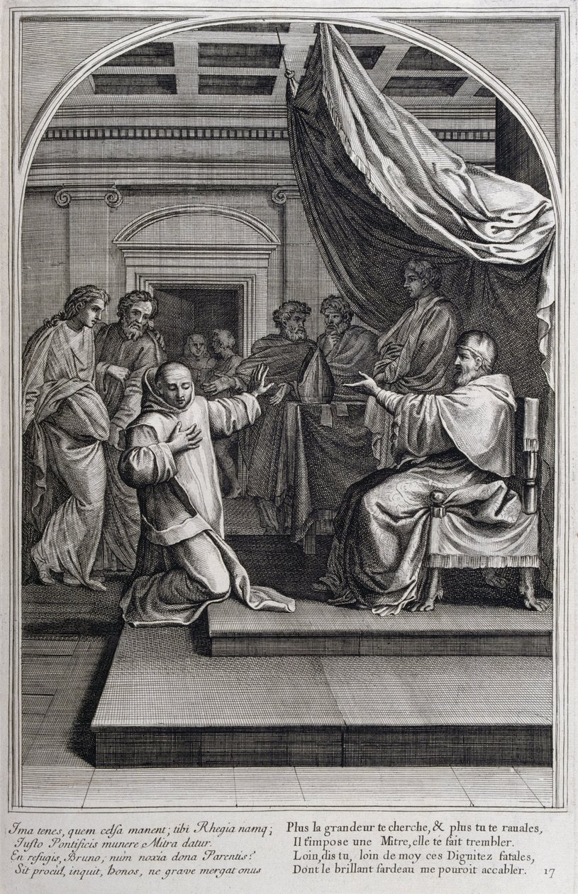Illustrasjon fra 'Livet til St. Bruno, grunnleggeren av Chartreux-ordenen' Paris 1660. etter maleriene til Eustache Le Sueur og gravert av Fran Sois Chauveau ©UIG/Leemage av Francois Chauveau