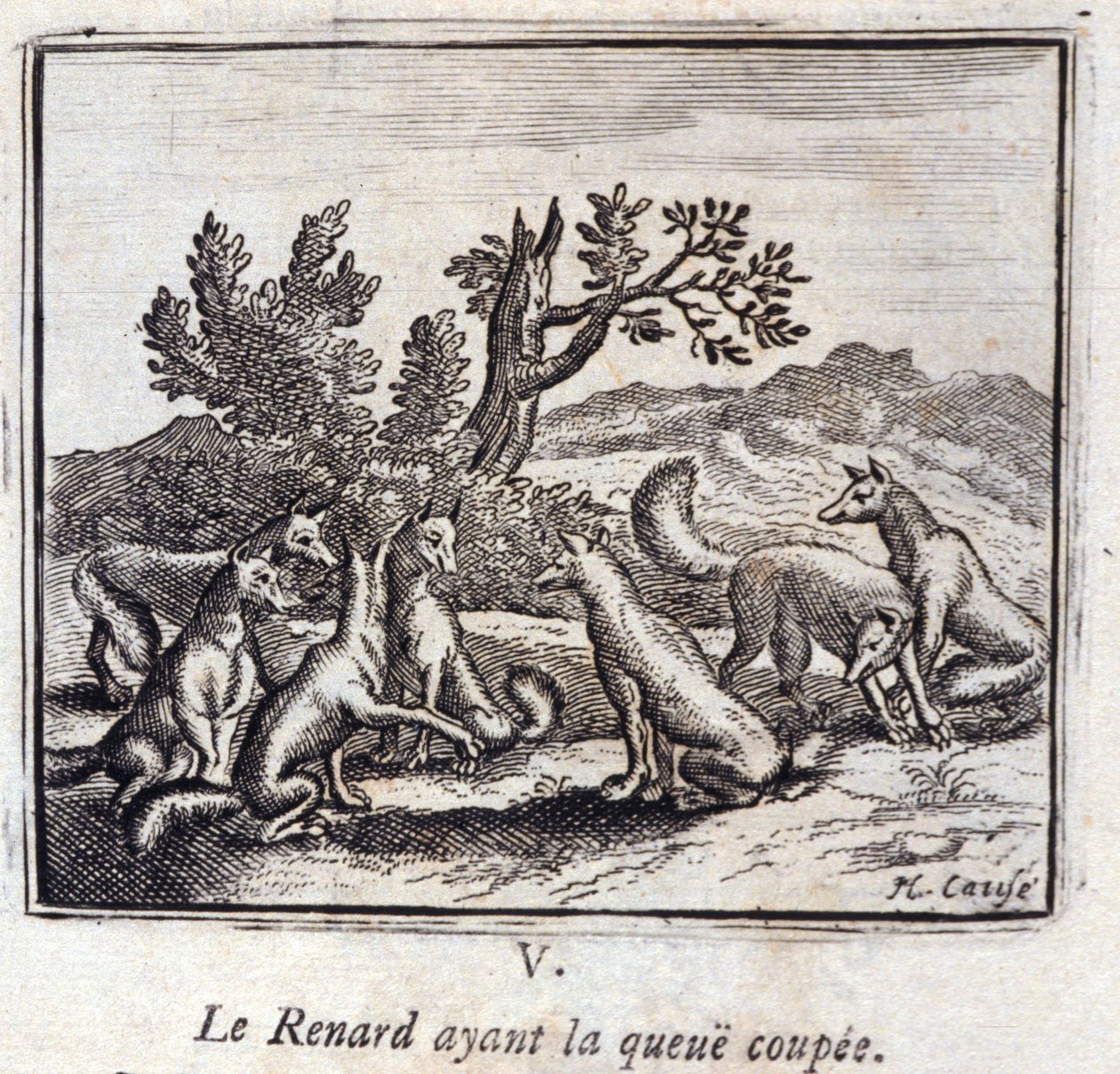 Illustrasjon fra 'Fables of Jean de la Fontaine' (litho) av Francois Chauveau
