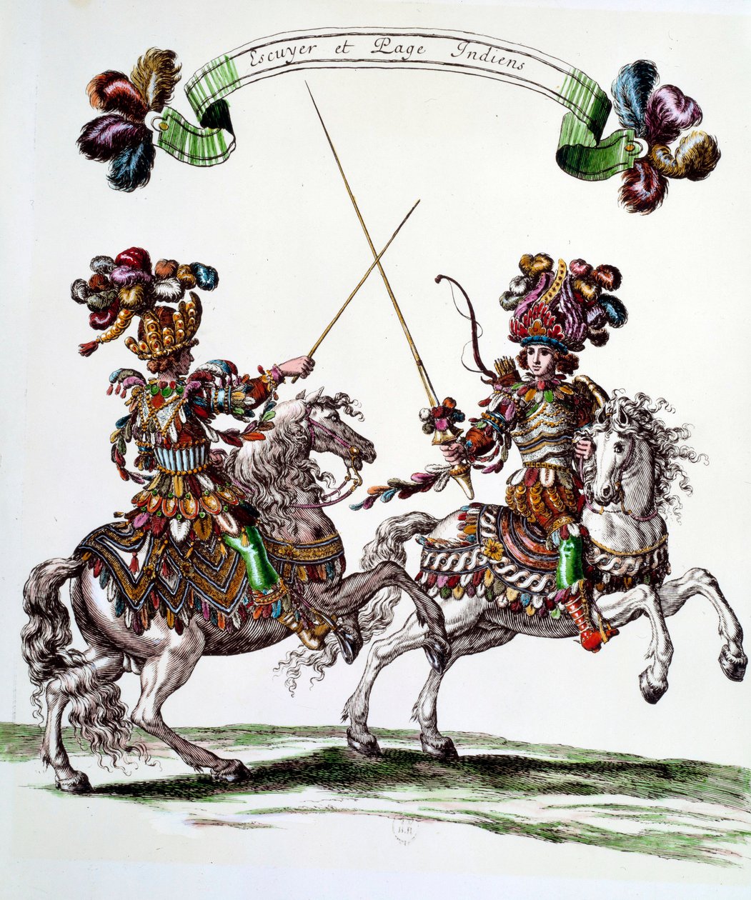 Indisk Ecuyer og side under karusellen gitt av kong Louis XIV (1638-1715) i 1662 til Tuileriene for å feire fødselen til Dauphin. Gravering av Francois Chauveau (1613-1676) 1600-tallets privatsamling av Francois Chauveau